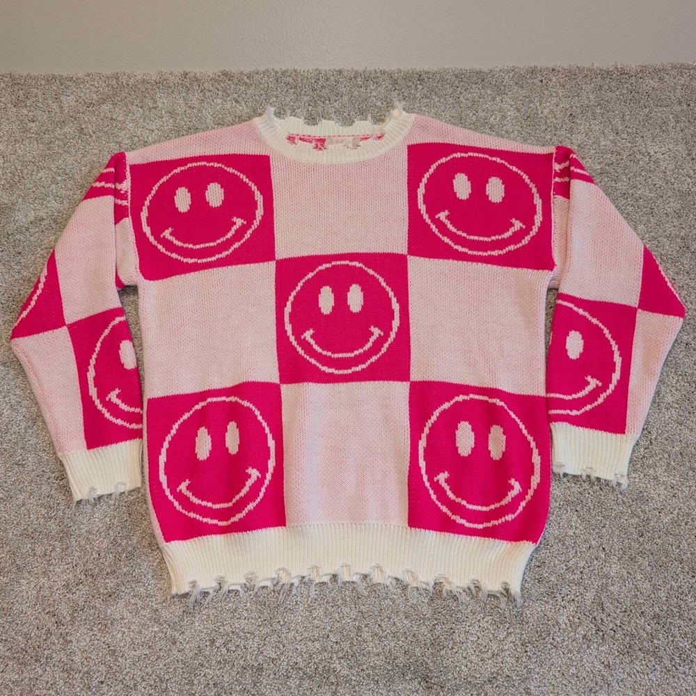 Altard State Pink White Smiley Face Checkerboard Knit Sweater XS Distressed - Picture 5 of 6